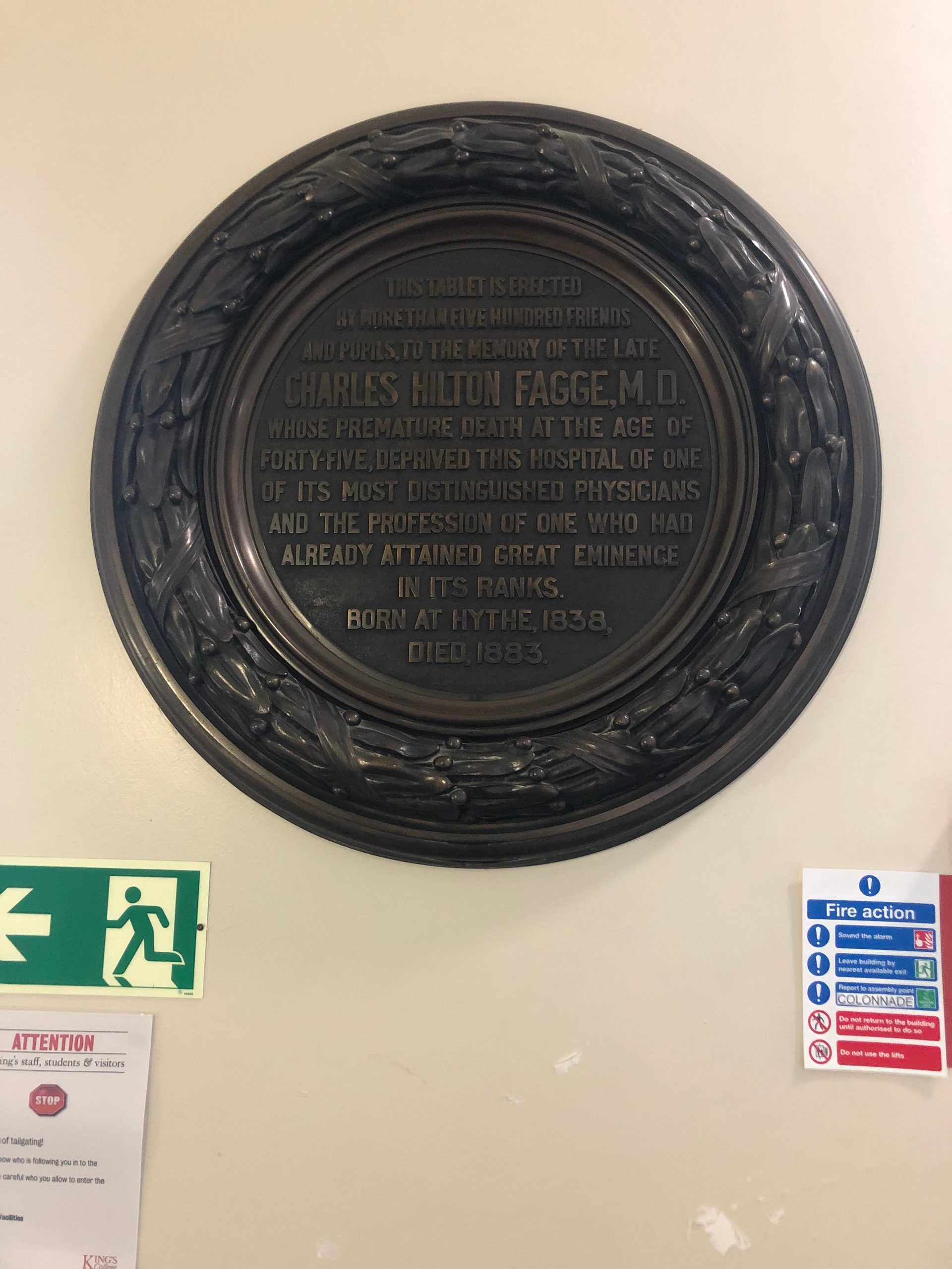 Charles Hilton Fagge's memorial tablet, Guy's Hospital, London - 02.JPG